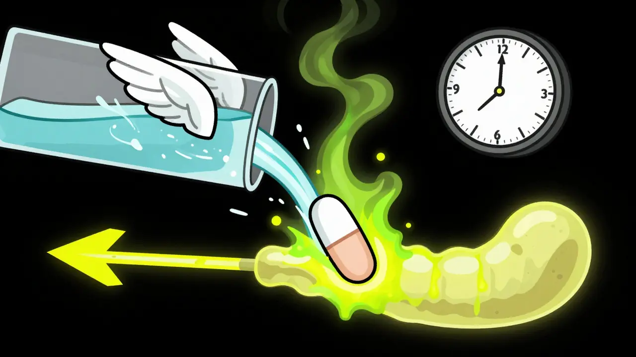 A pill stuck in an esophagus is rescued by a flying glass of water, with acidic smoke rising.