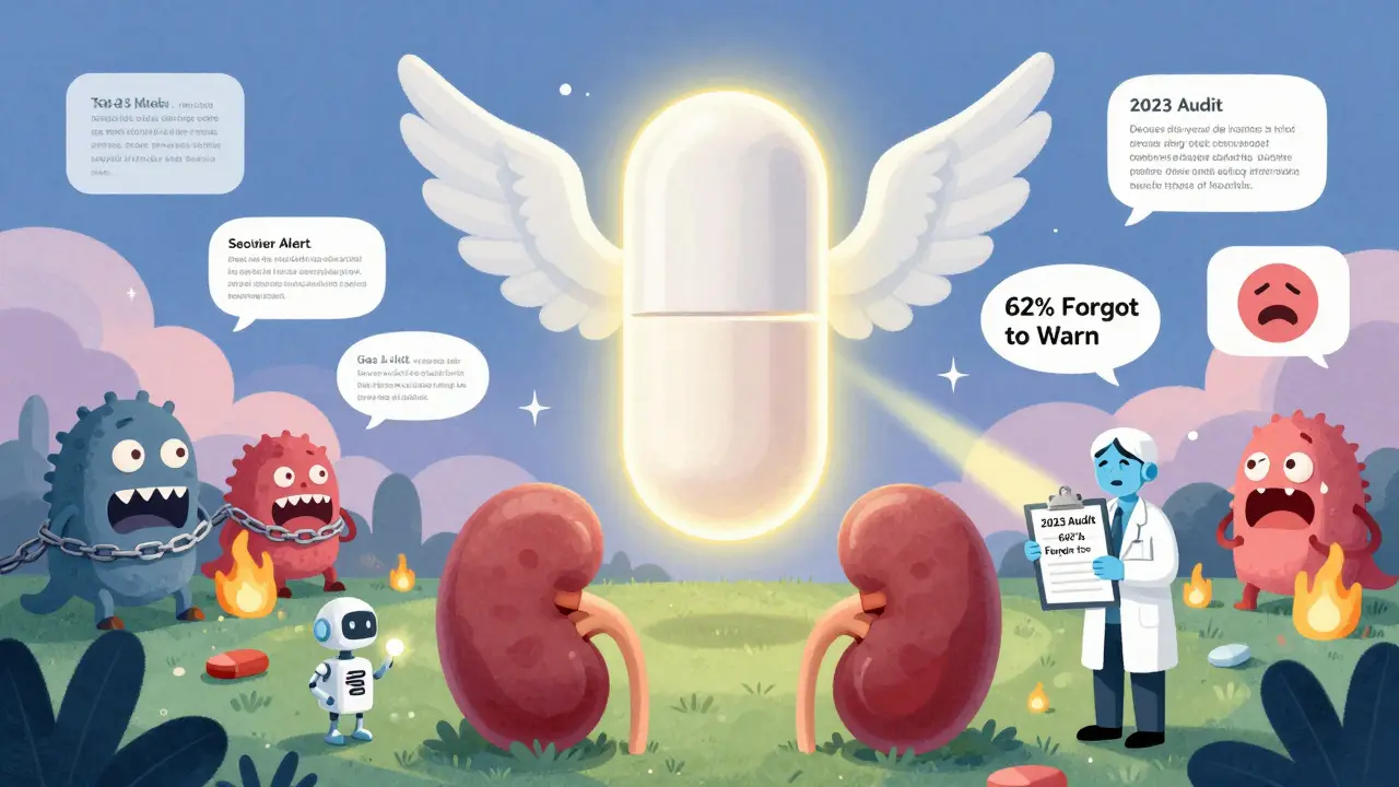 A protective acetaminophen tablet glowing above calm kidneys, while NSAID monsters burn in the distance amid floating patient warnings.