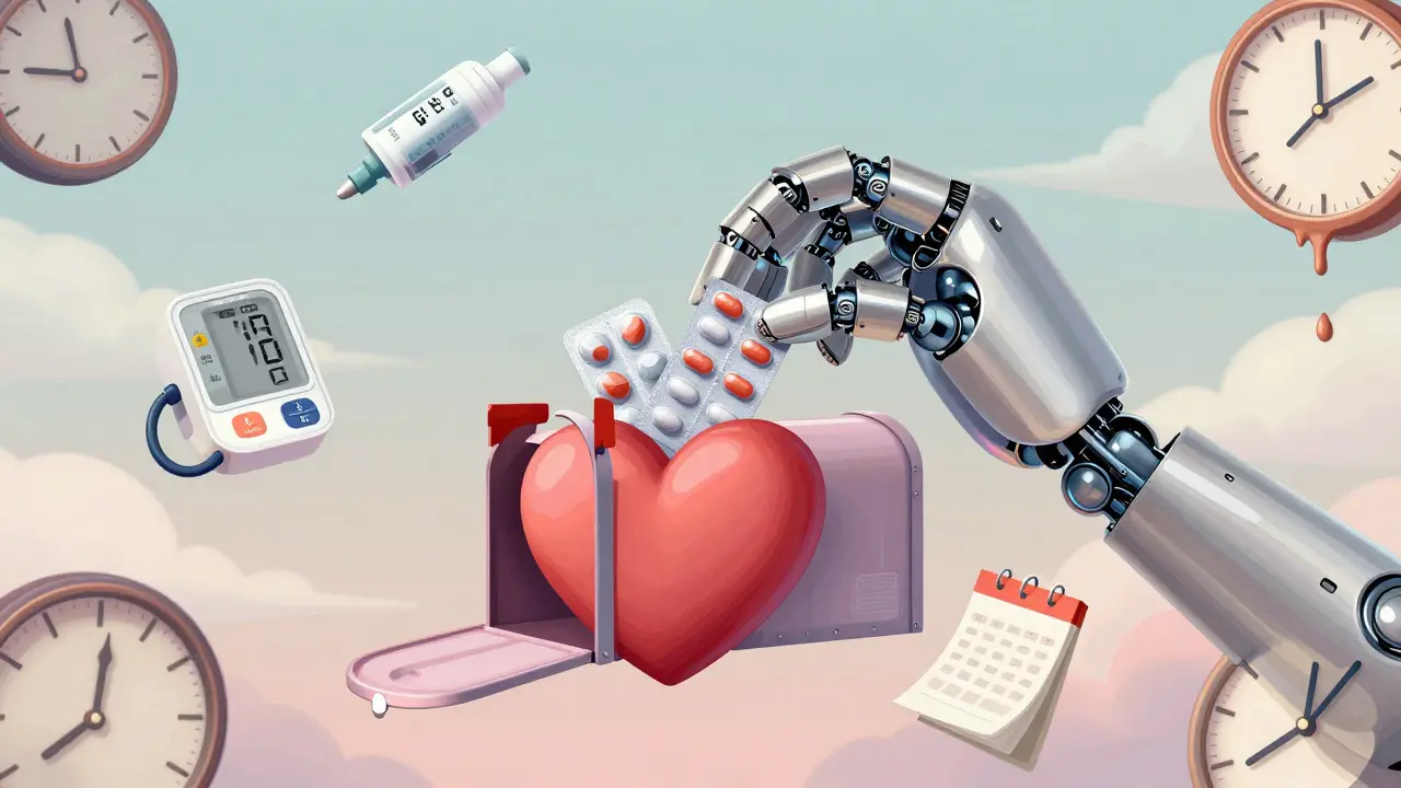 A robotic arm made of pills places blister packs into a heart-shaped mailbox under a dreamy sky.