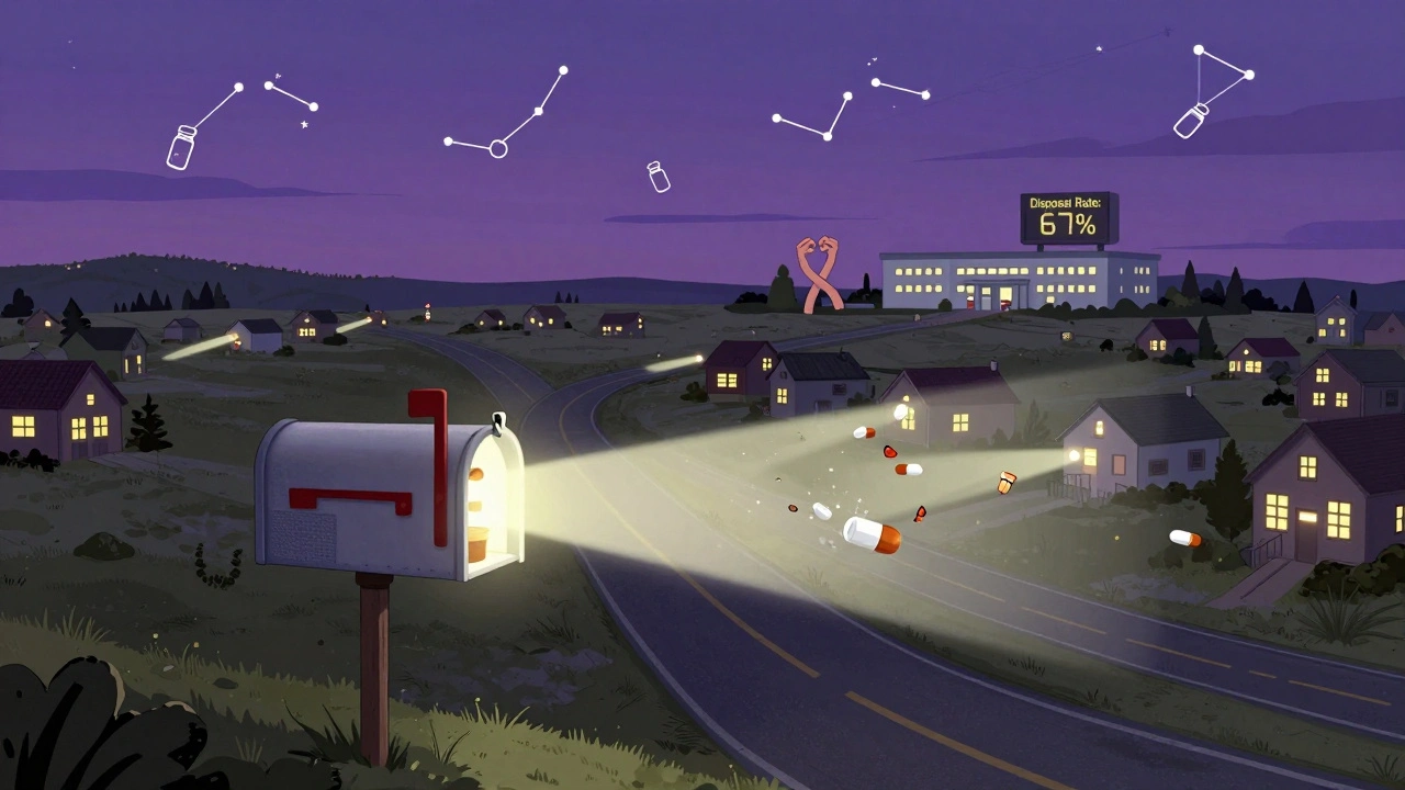 A rural mailbox becomes a giant disposal kiosk, sending light to homes as pills turn into butterflies.