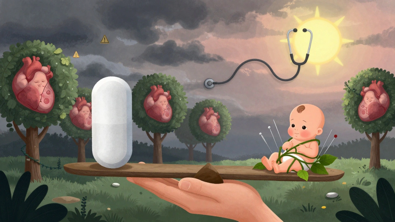 A scale balances a large pregabalin pill against a healthy baby surrounded by medical alternatives in abstract surreal illustration.