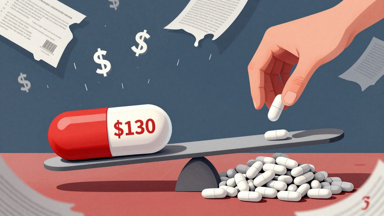 A scale tips under the weight of many small generic pills versus one expensive brand-name pill.