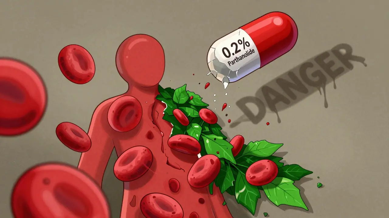 A split human body showing healthy blood on one side and bleeding chaos on the other, with a feverfew capsule casting a danger shadow.