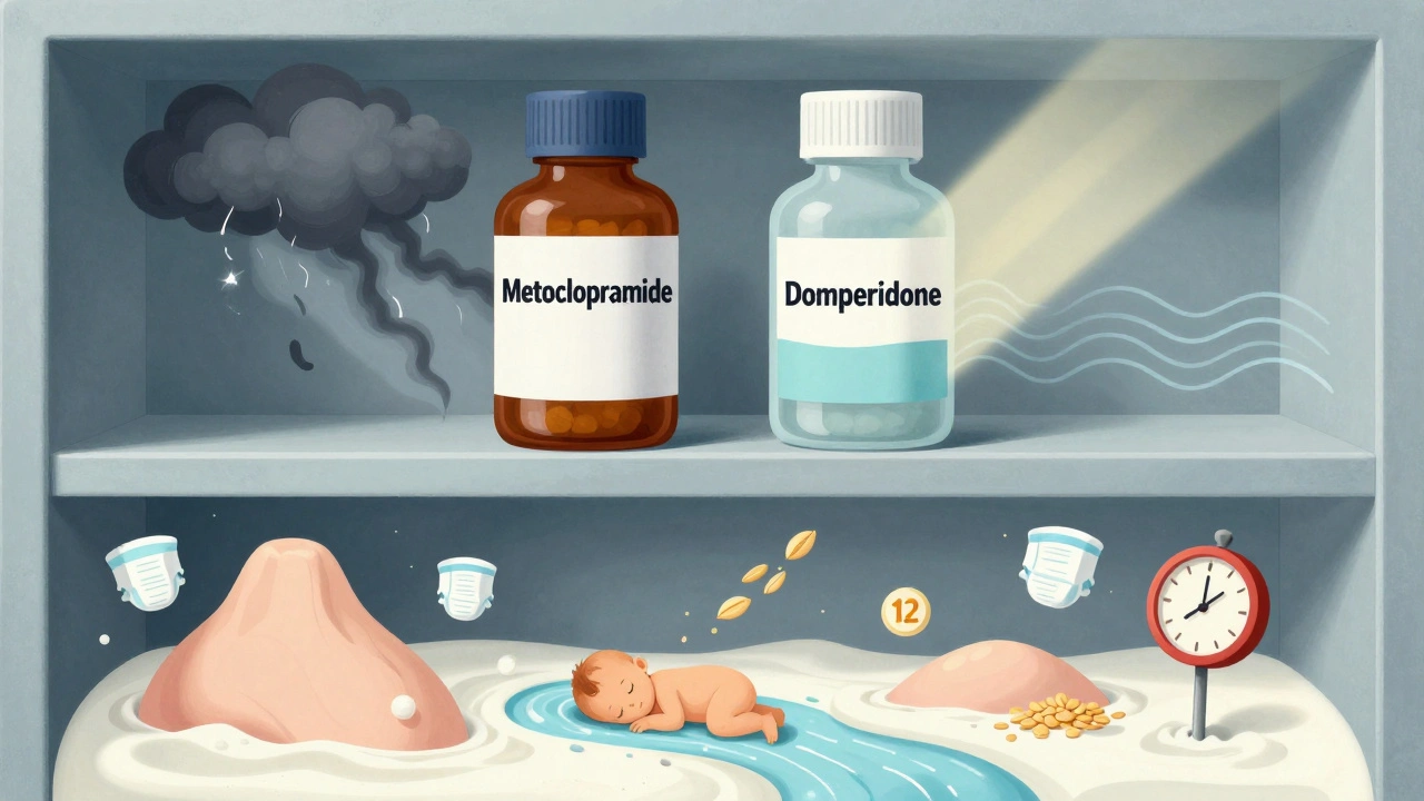 A surreal pharmacy shelf with metoclopramide and domperidone bottles, one causing storms, the other calm light, with a baby on a milk river.