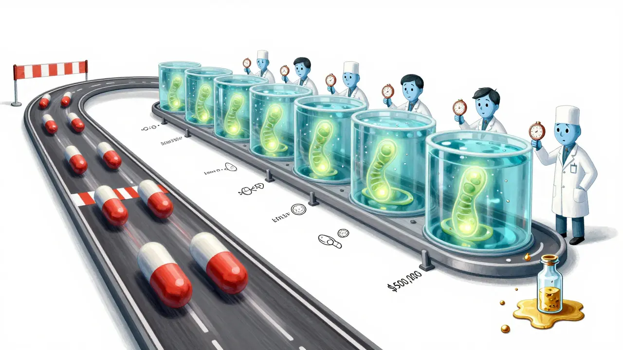 A surreal race between fast pills and slow biologic cells, with a costly broken vial dripping gold.