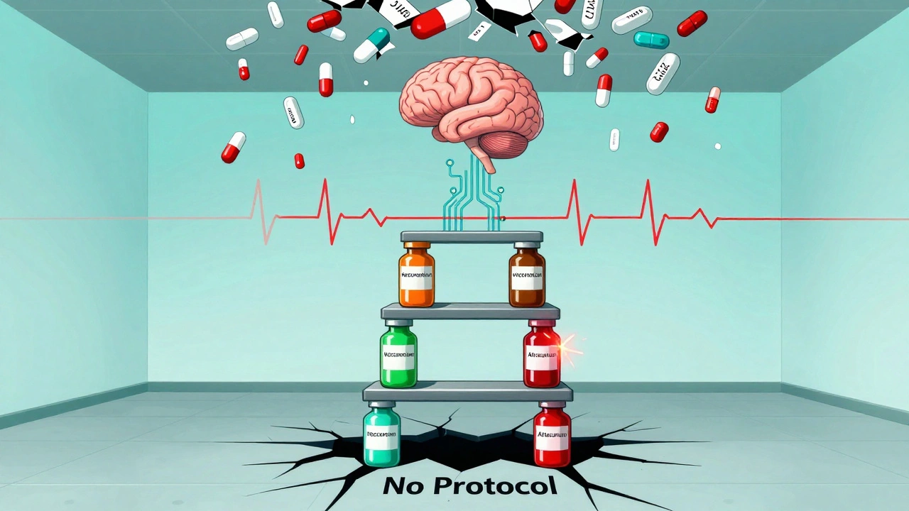A three-tiered ladder of medication bottles rises from a cracked floor, connected to a patient&#039;s ECG line, with warning sparks on the lowest rung.