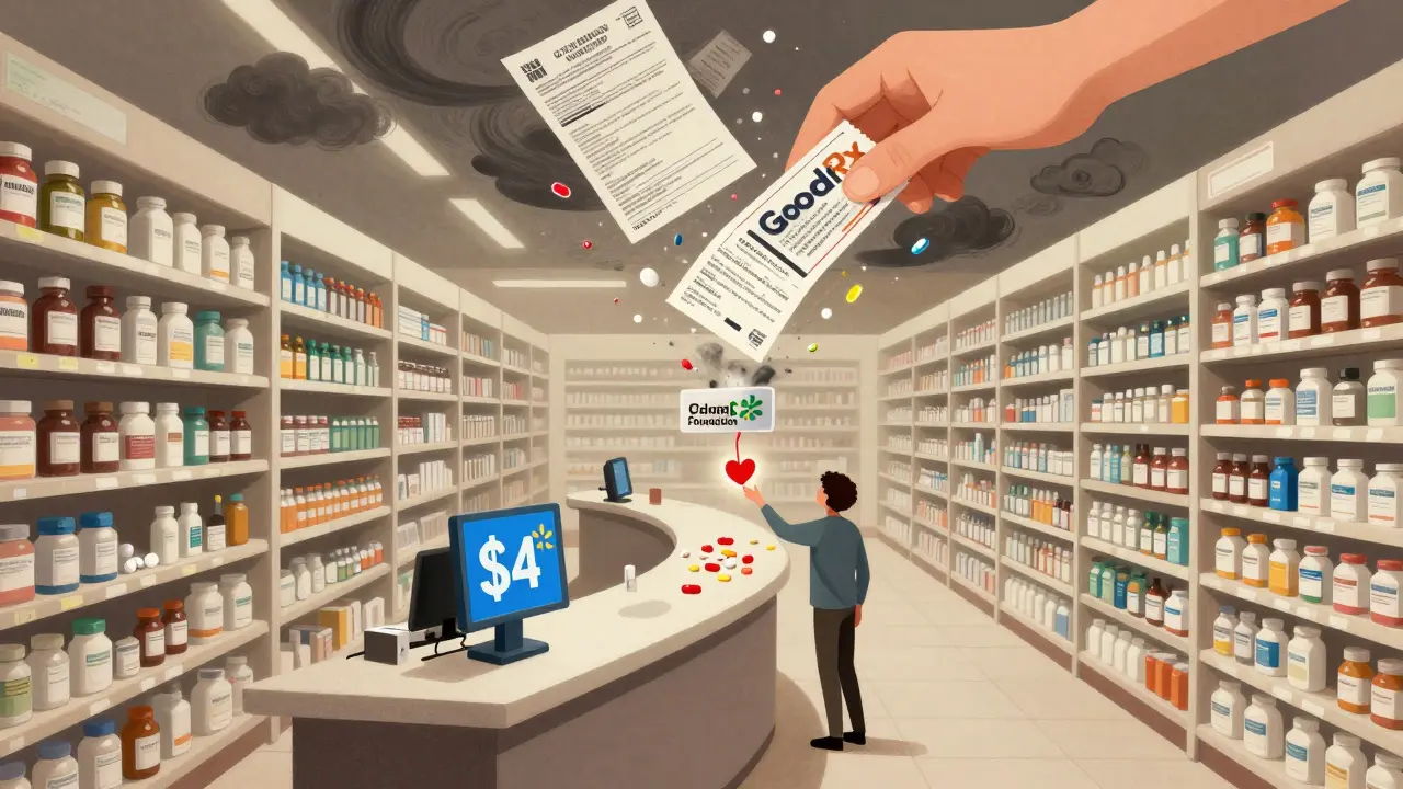 A tiny person reaching for a  pill under infinite pharmacy shelves, surrounded by swirling insurance documents.