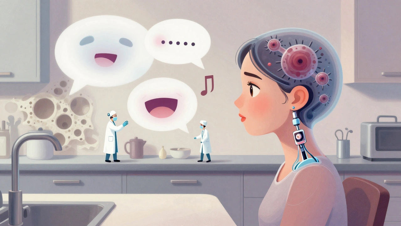 A transparent woman&#039;s head revealing microscopic ear surgery with floating muffled voices and low-frequency tones.