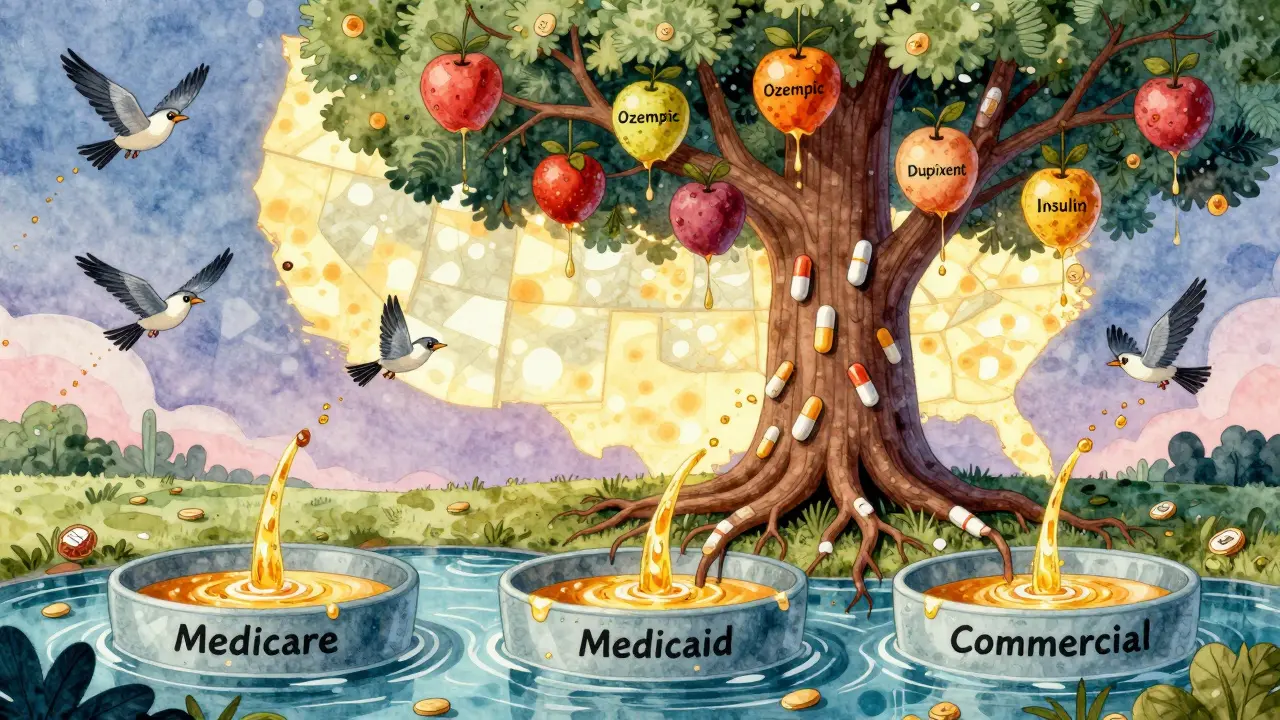 A tree with drug-named fruit dripping gold into healthcare funding basins, with biosimilar birds flying above.