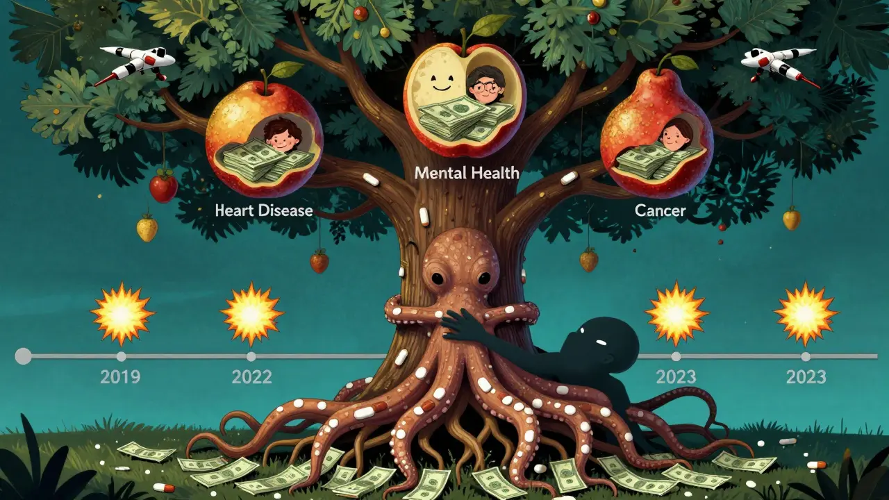 A tree with medicine-themed fruit spilling cash, roots draining money from a shadowy octopus.