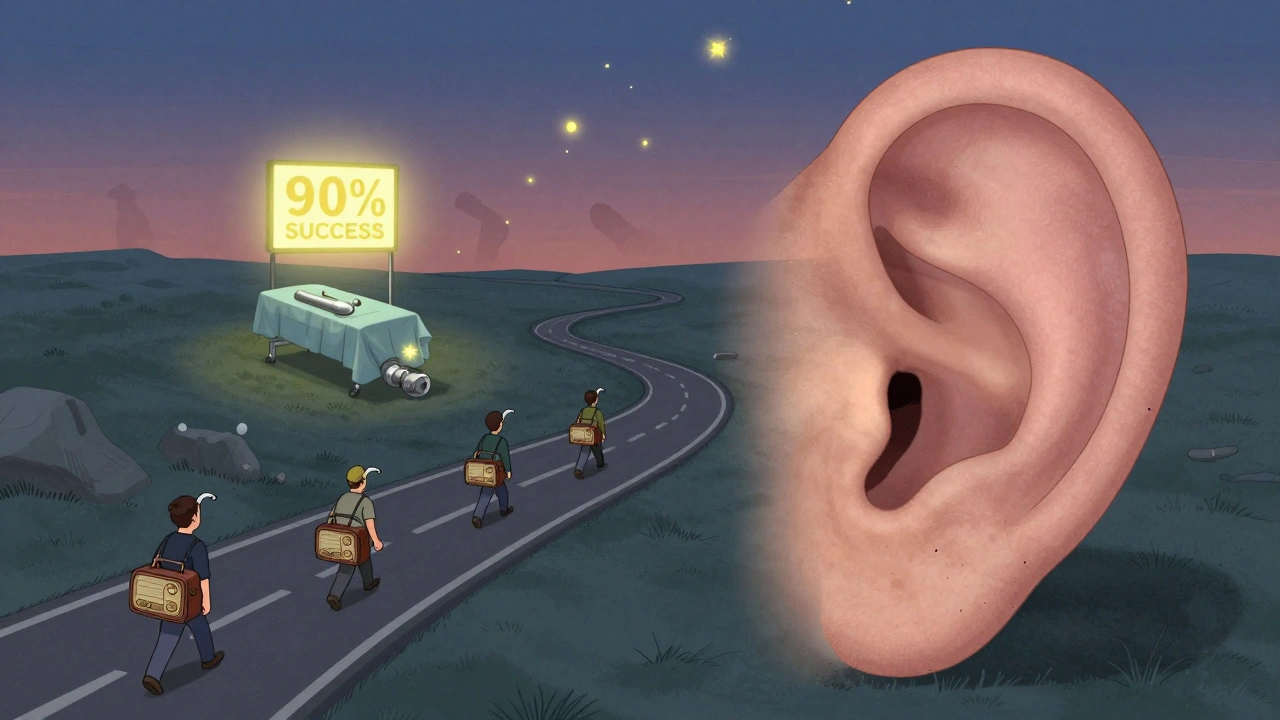 An ear canal transformed into a road with hearing aids as radios, a glowing stapes prosthesis, and fluoride pills like fireflies.