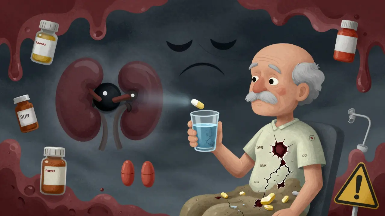 An elderly person’s body turning to porcelain as an ibuprofen pill becomes a black hole, draining hydration and crumbling kidney numbers.