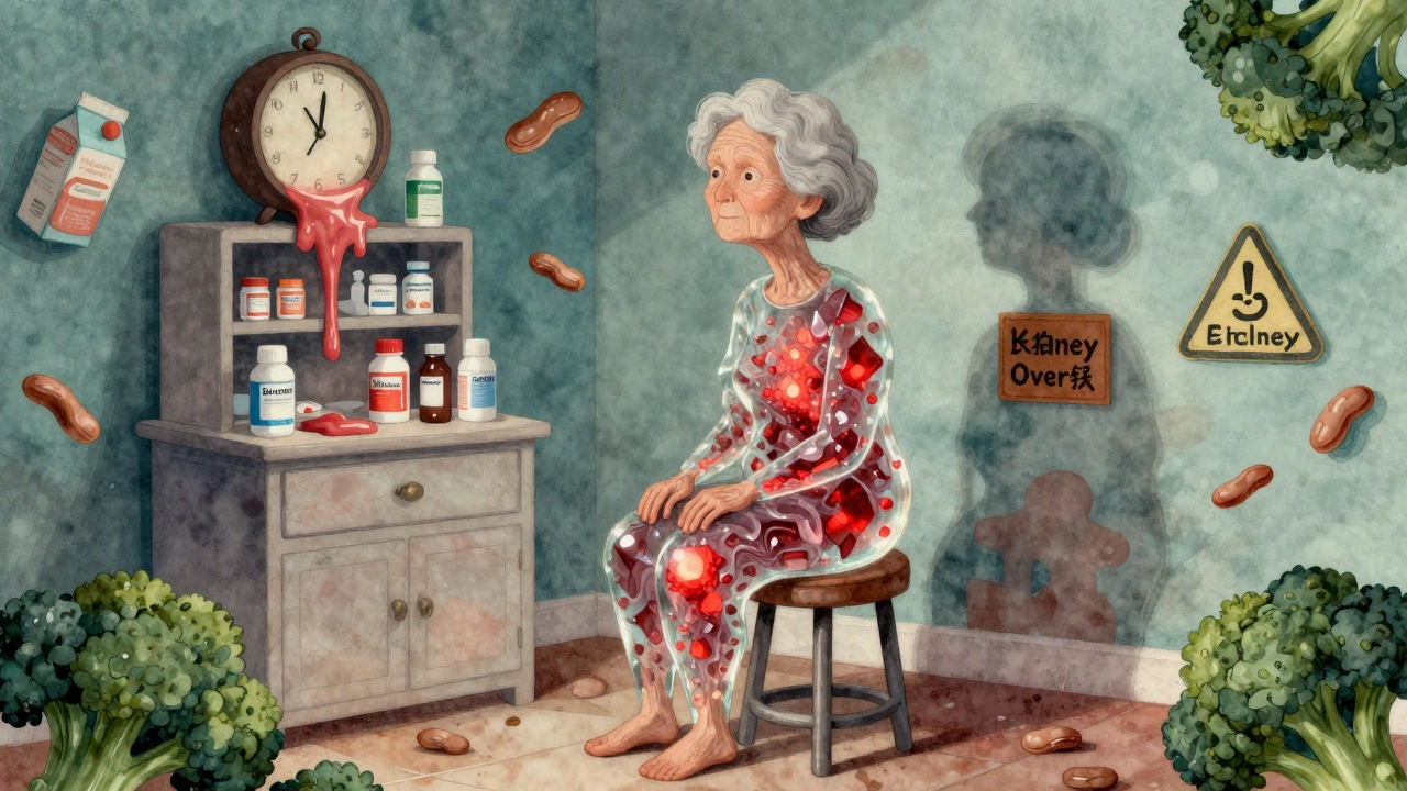 An elderly woman partially made of glowing magnesium crystals, surrounded by melting pills and floating food items in a dreamlike kitchen.