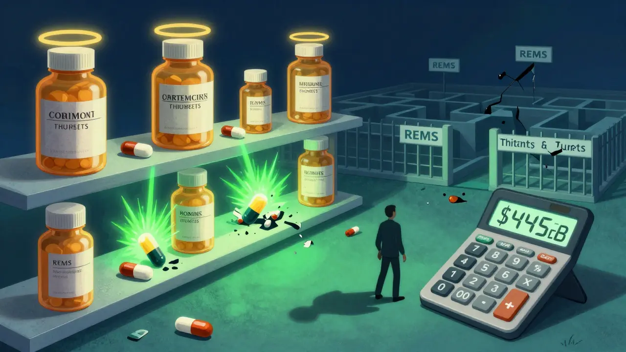 Giant brand-name drug bottles being crushed by green-light generic capsules on a surreal pharmacy shelf.