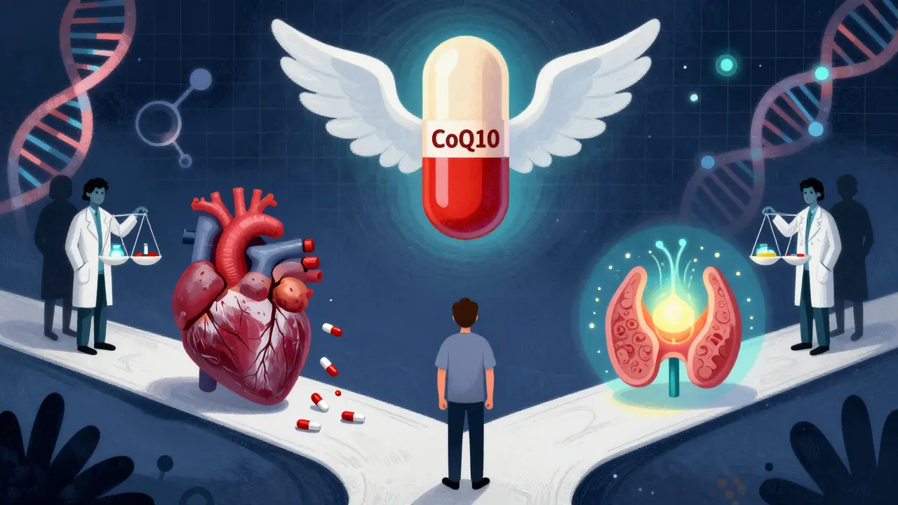 Patient at a crossroads between heart risk and thyroid balance, with a CoQ10 capsule as a protective symbol above.
