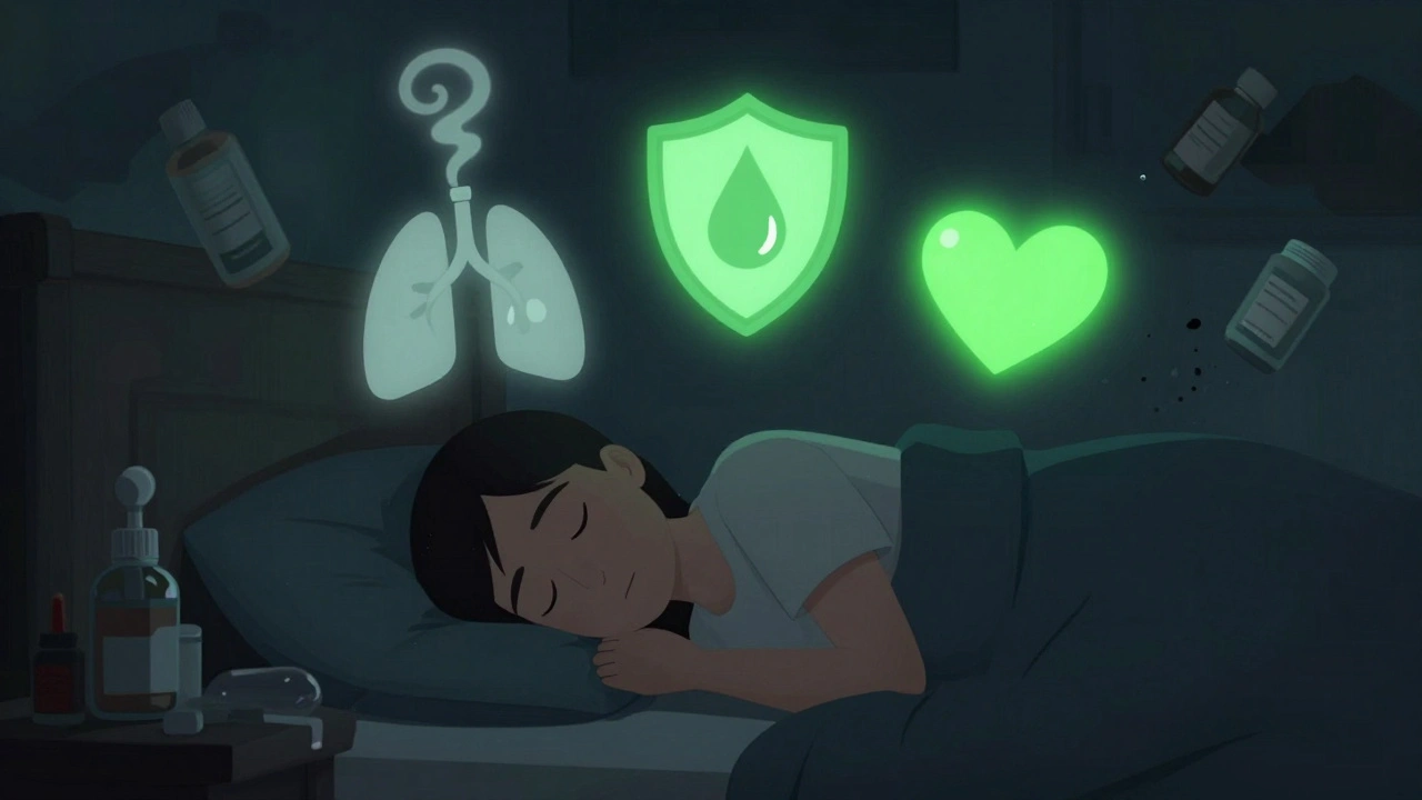 Person sleeps safely with steam, saline, and a steady heart symbol — crumbling decongestant bottles fade into darkness.