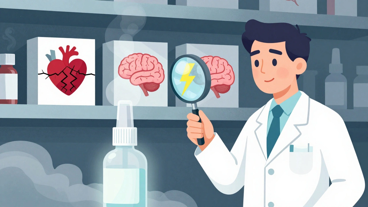 Pharmacist examines medicine shelves where labels turn into warning signs, while safe alternatives glow softly nearby.