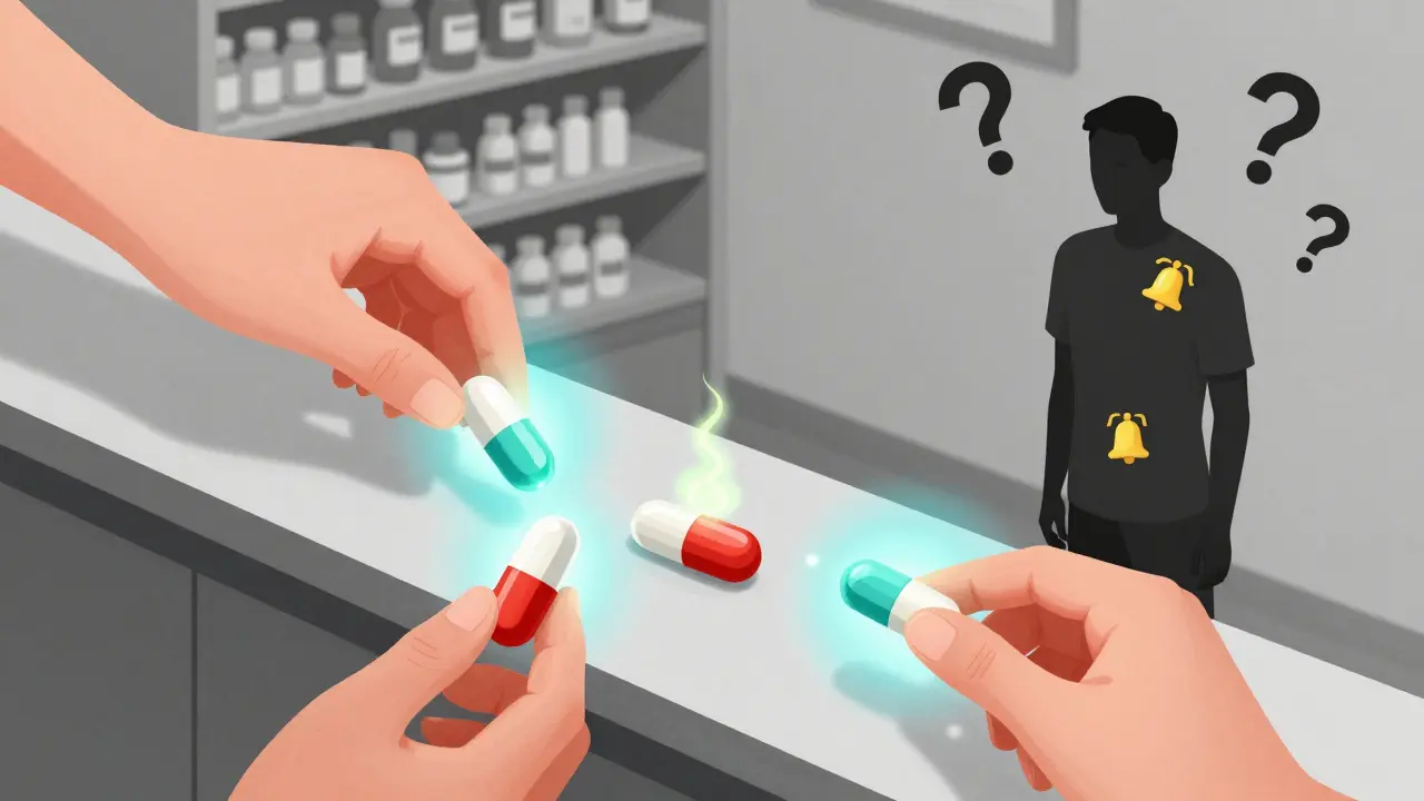 Pharmacy pills being swapped, each emitting different auras, with a patient surrounded by alarm bells.