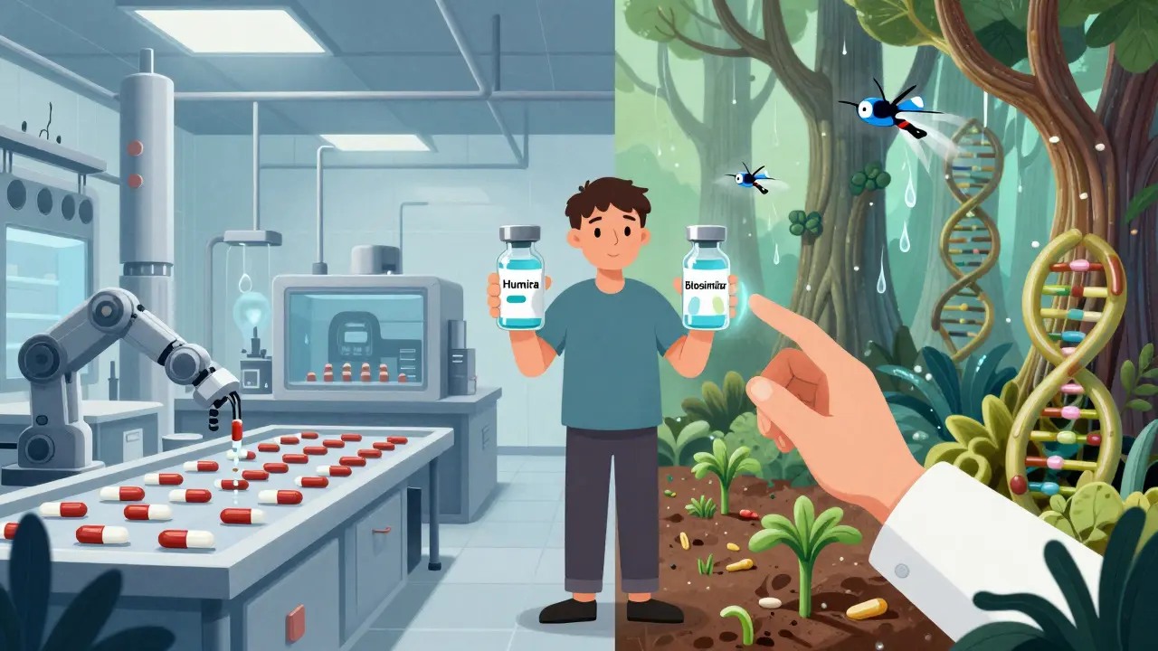 Split scene: mechanical pill factory vs living protein forest, with a patient choosing between two similar vials.