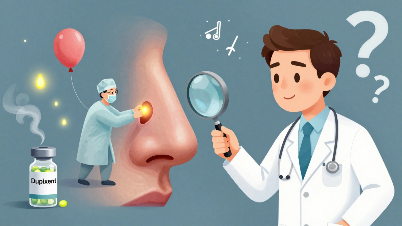 Surreal ENT clinic scene with doctor using a balloon to open a sinus, glowing biologic molecules floating nearby.