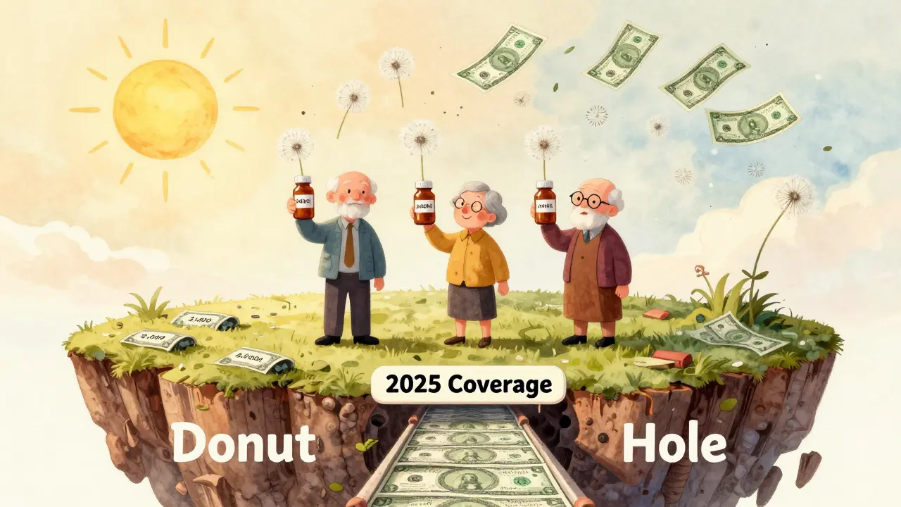 Three seniors on a floating island of 2025 coverage, standing above a filled-in donut hole bridge, with premium bills turning to dandelion fluff.