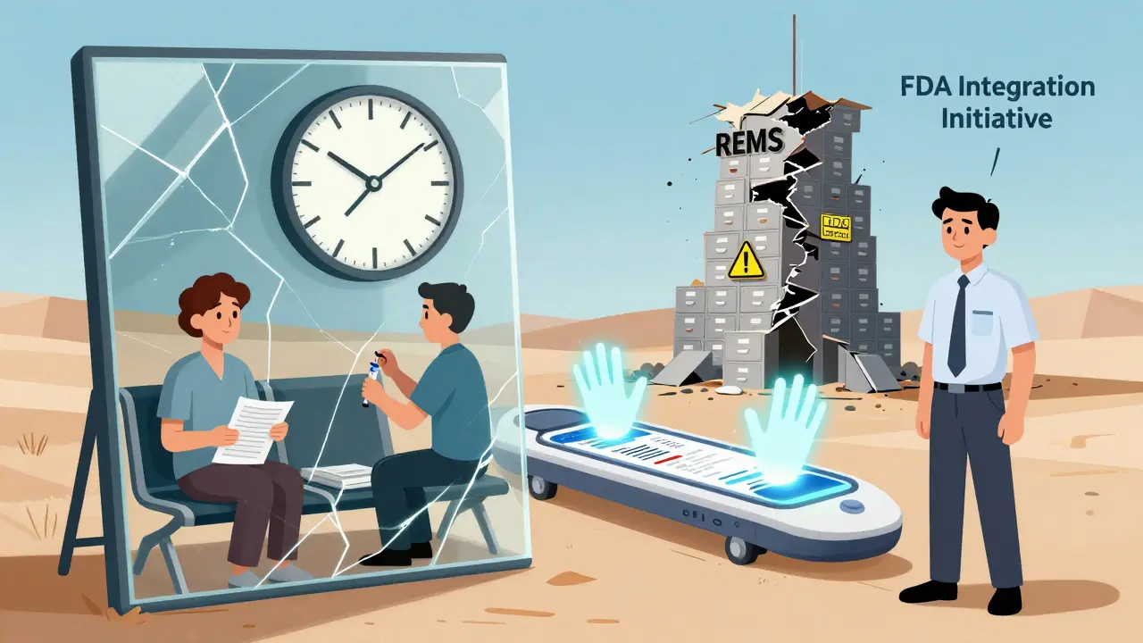 Three versions of a patient in a fractured mirror: waiting, being injected, and using a health app, with a collapsing REMS tower rebuilding.