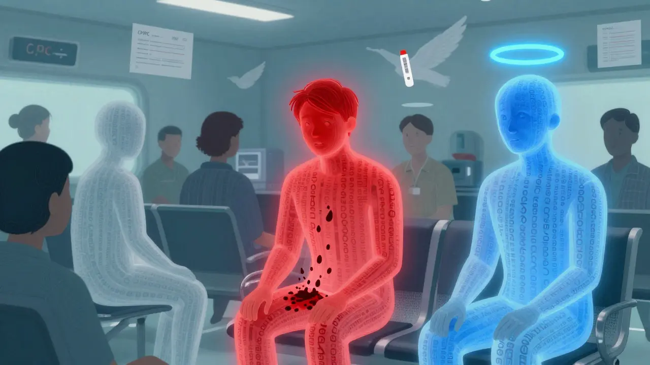 Translucent patients in an ER glow with genetic codes, one glowing red with danger, another calm blue.