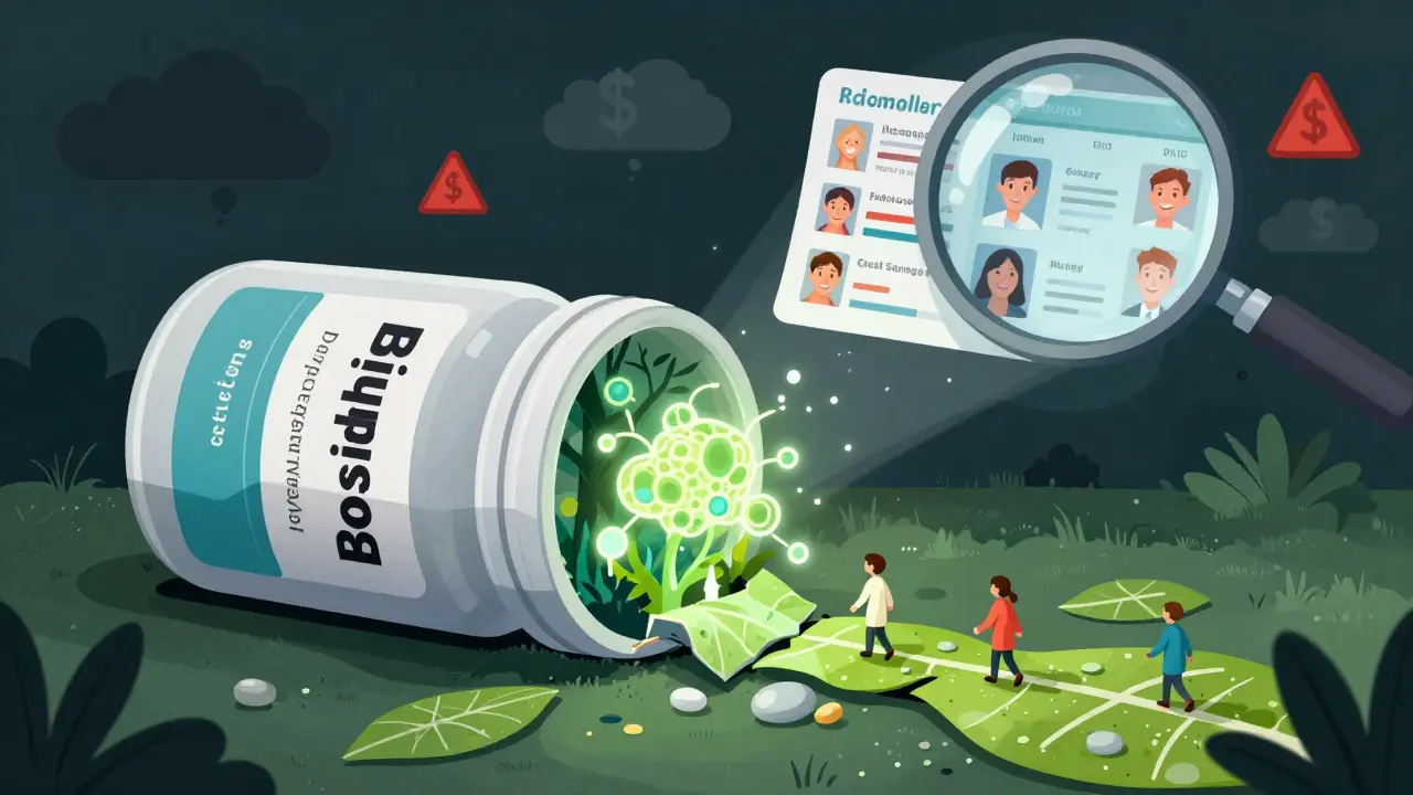 A biosimilar pill opened to reveal a living forest of cells, with patients walking paths labeled safety and cost savings.