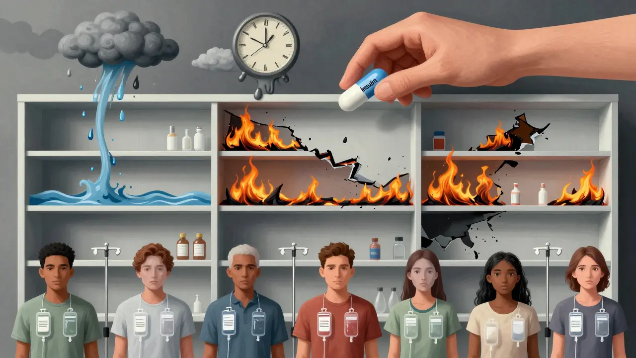 A broken medicine shelf shows regions destroyed by disasters, with one pill held above silent patients whose chests are empty.