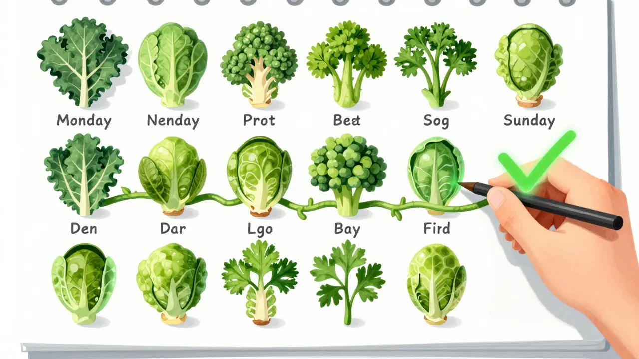 A calendar vine with uniform vegetables growing daily, rejecting seasonal changes in favor of consistency.