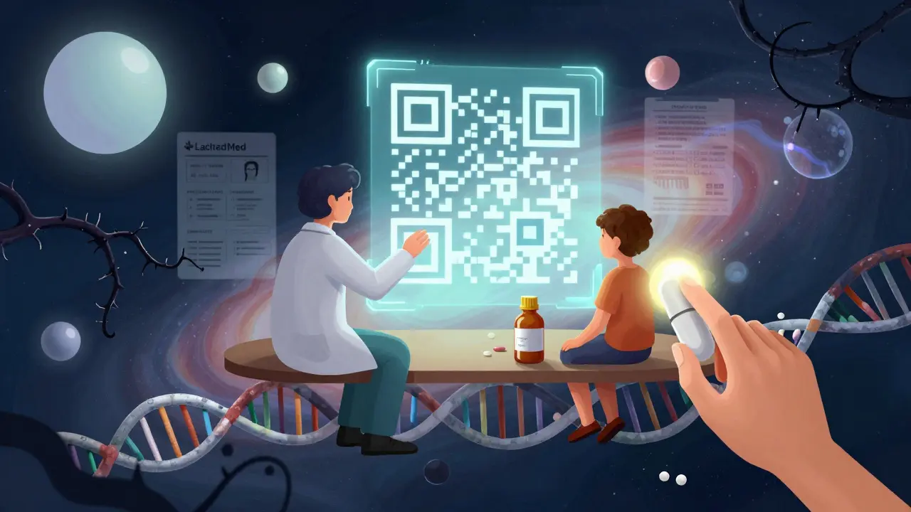 A doctor and patient review live medical data streams from trusted databases, with safe and unsafe medications shown as light and thorny shapes.