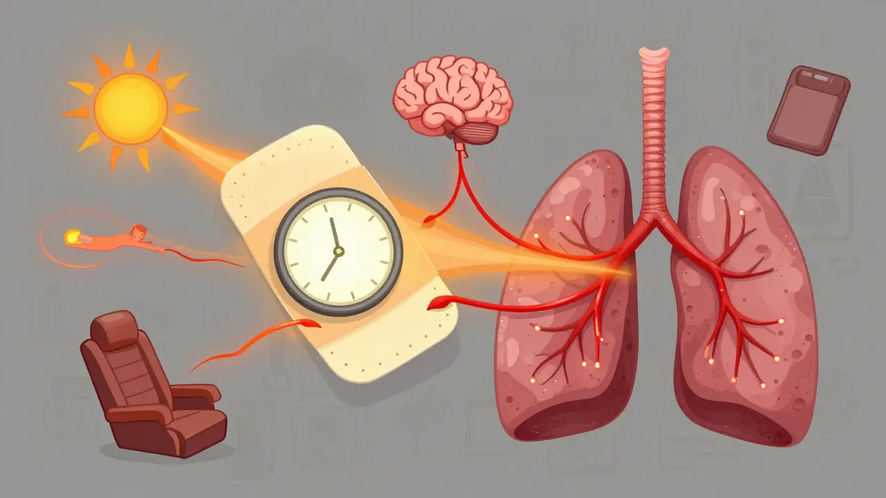 A folded patch with a 24-hour clock, connected to heat sources by pulsing veins feeding a collapsing lung.
