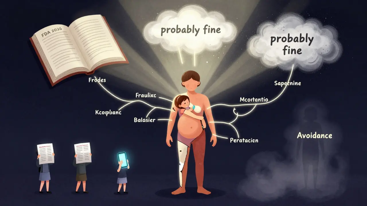 A fragmented figure representing pregnancy stages connected by glowing threads of safe and unsafe medications, with FDA 2026 light dissolving fear.