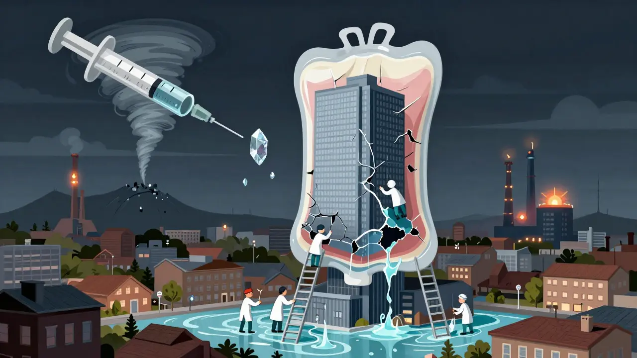 A giant IV bag skyscraper cracks and floods a town, while a tornado made of a syringe pulls quartz from a mine.