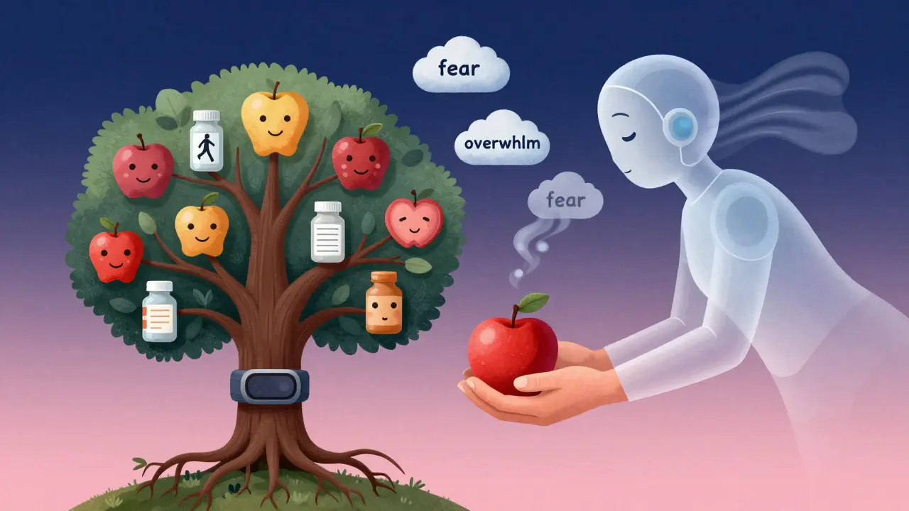 A grandmother planting a tree whose roots are health tools, bearing fruit shaped like smiling victories.