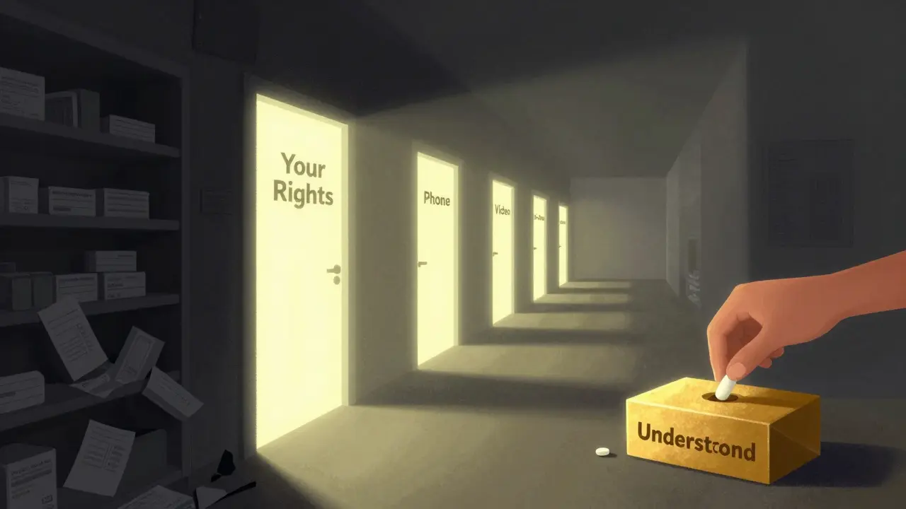 A hand opens a door to safety labeled 'Your Rights,' revealing glowing options for interpretation while misprinted labels crumble behind.