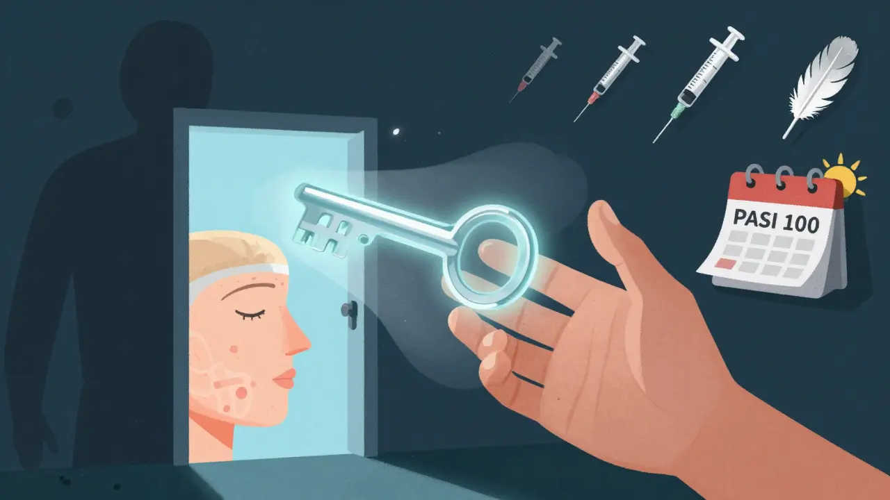 A hand unlocking a chest door to reveal clean skin inside, while old treatments crumble and biologic syringes hover like birds.