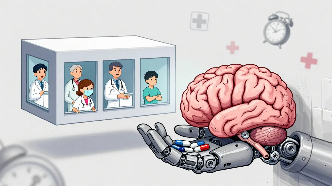 A mechanical hand placing pills into a brain-shaped palm, with caregivers watching through floating windows.