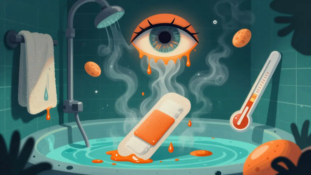 A melting fentanyl patch in a hot shower, with ghostly smoke rising toward a giant eye.