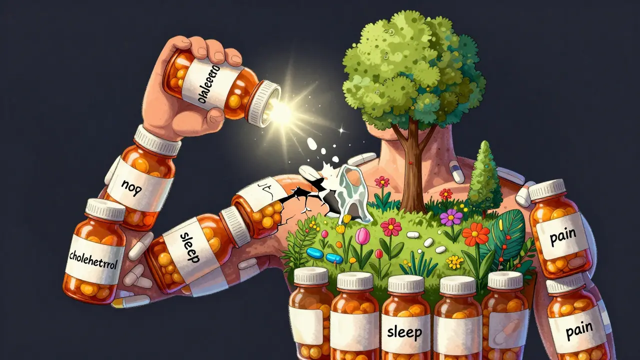 A person's body made of medication bottles, with a garden blooming inside where pills once were.