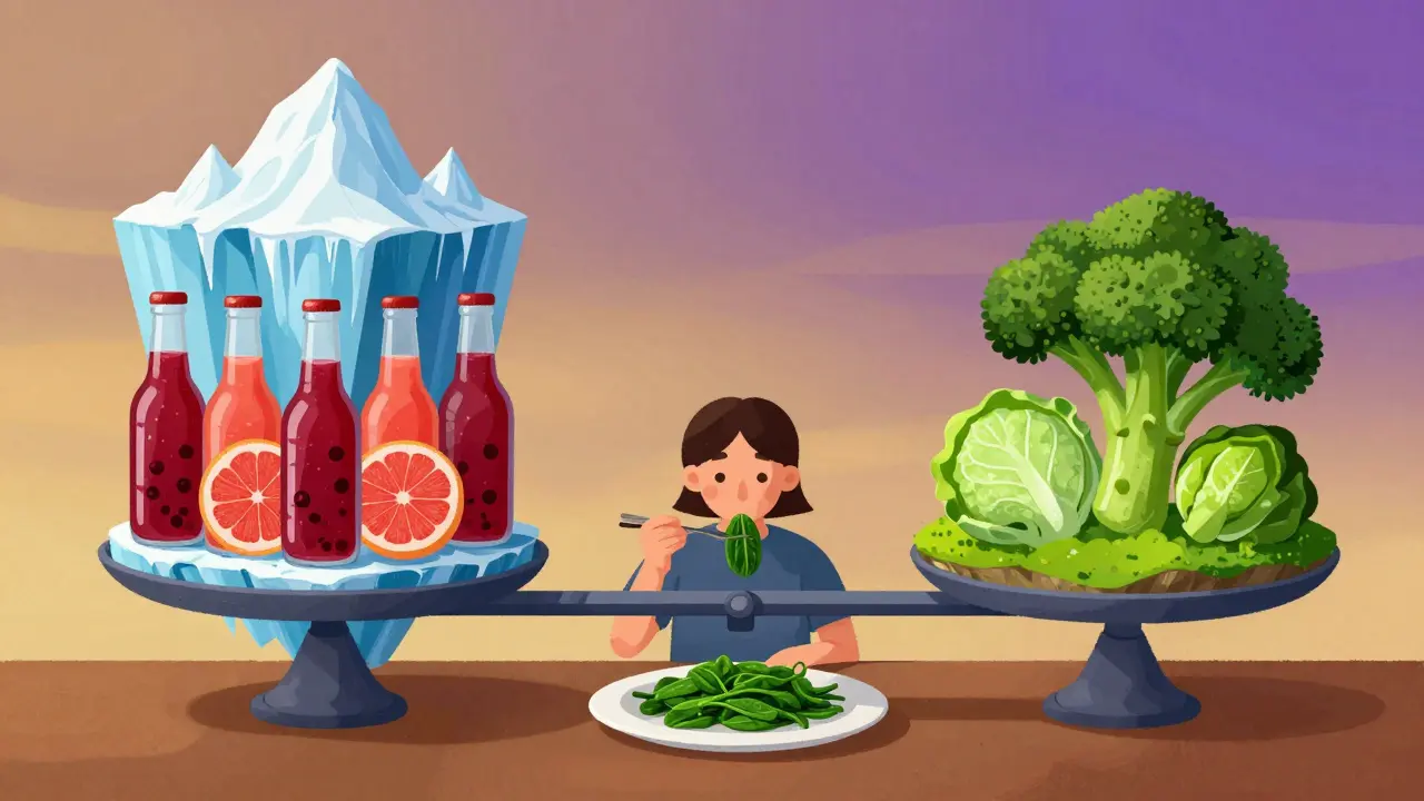A person eating spinach as a scale balances against dangerous juices, with peaceful vegetables floating nearby.
