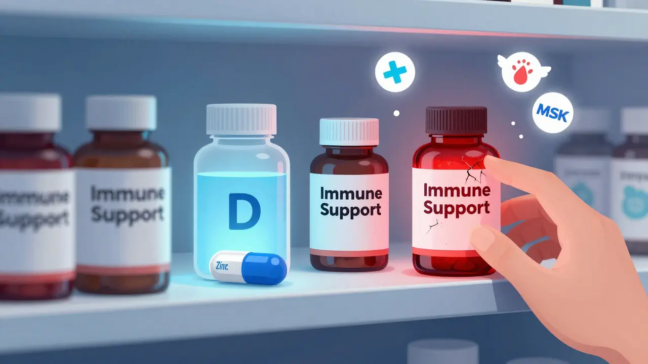 A pharmacy shelf where echinacea glows red with warnings, while vitamin D and zinc remain calm and safe.