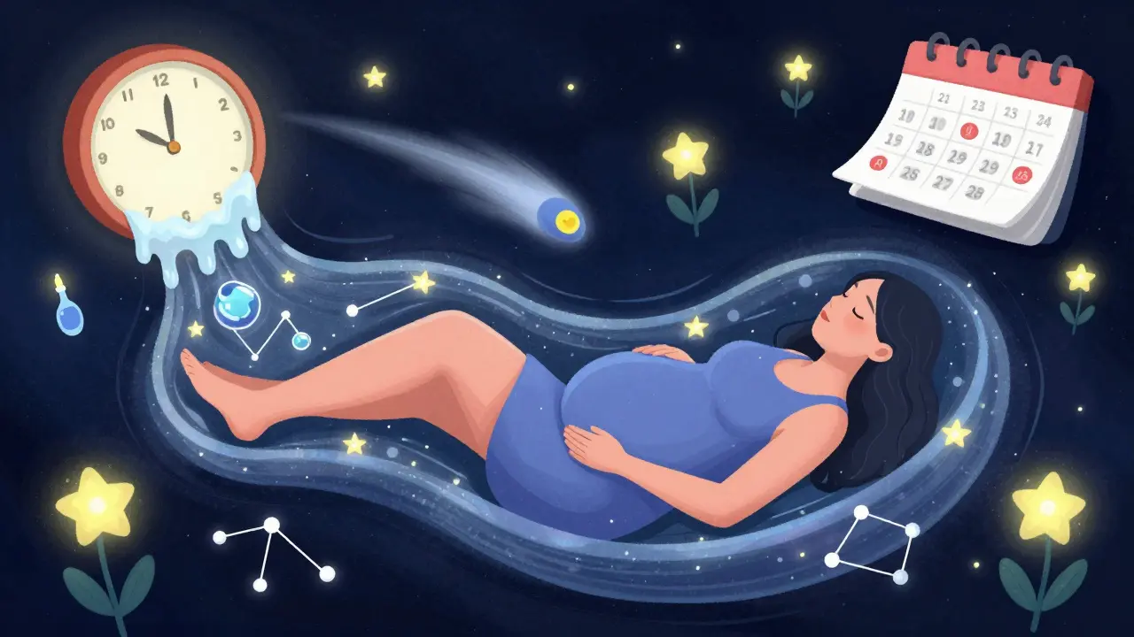 A pregnant woman floating in a cosmic womb with glucose stars and metformin comet, ovulation fireflies glowing around her.