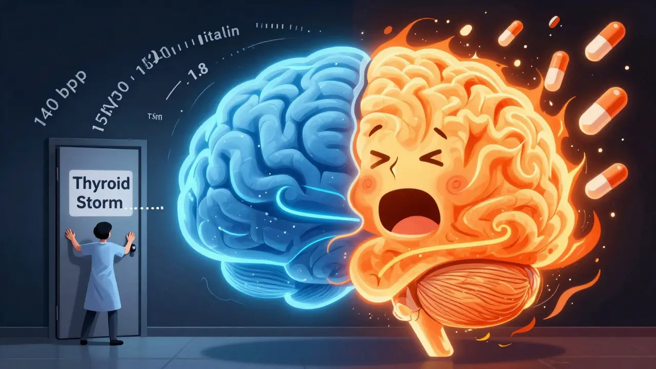 A split brain with calm and chaotic sides, surrounded by racing heart rates and falling stimulant pills.