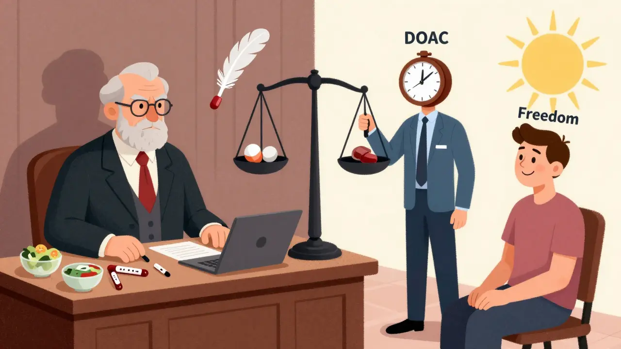 A split surreal courtroom: an old warfarin judge versus a modern DOAC advocate, with symbolic scales tipping toward a feather-light pill.