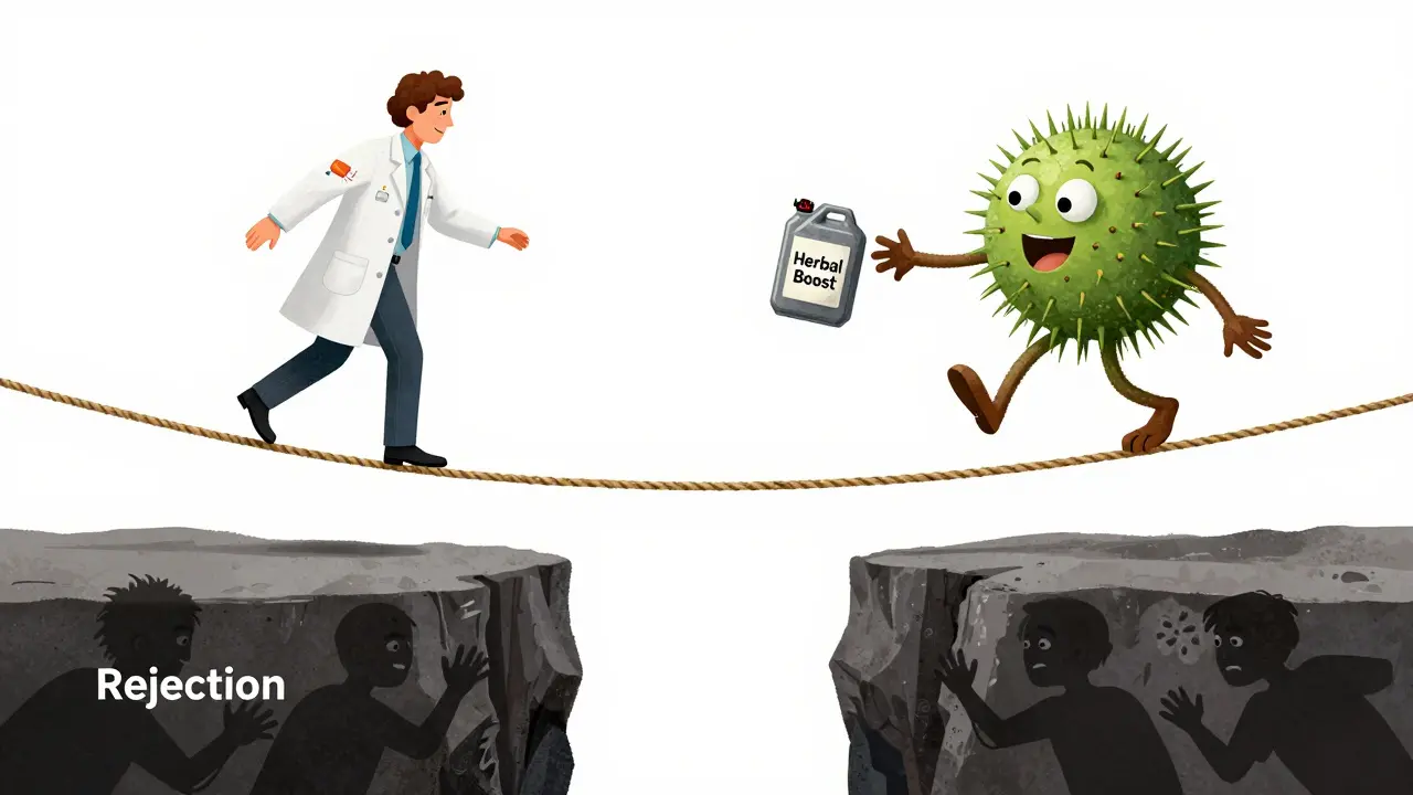 A tightrope walker balanced over rejection, threatened by a mischievous echinacea plant pouring gasoline.