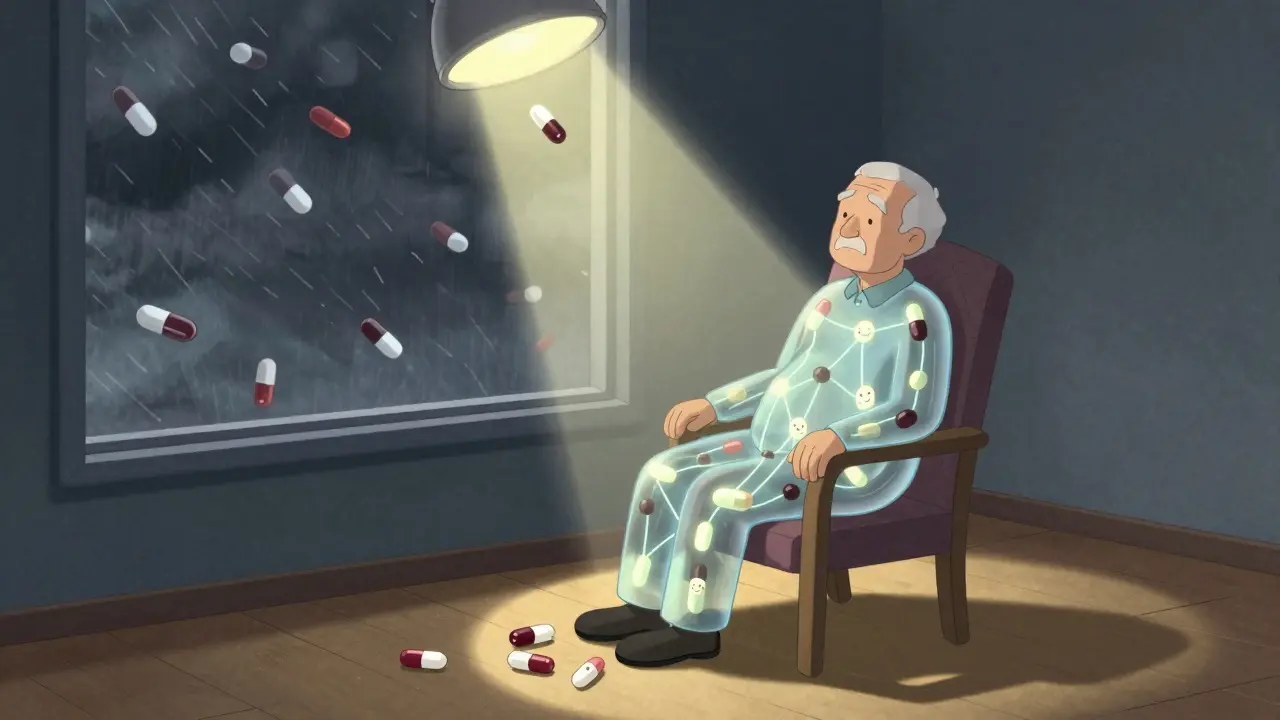 An elderly person with a transparent body showing glowing pill pathways, while forgotten pills swirl in a storm outside.