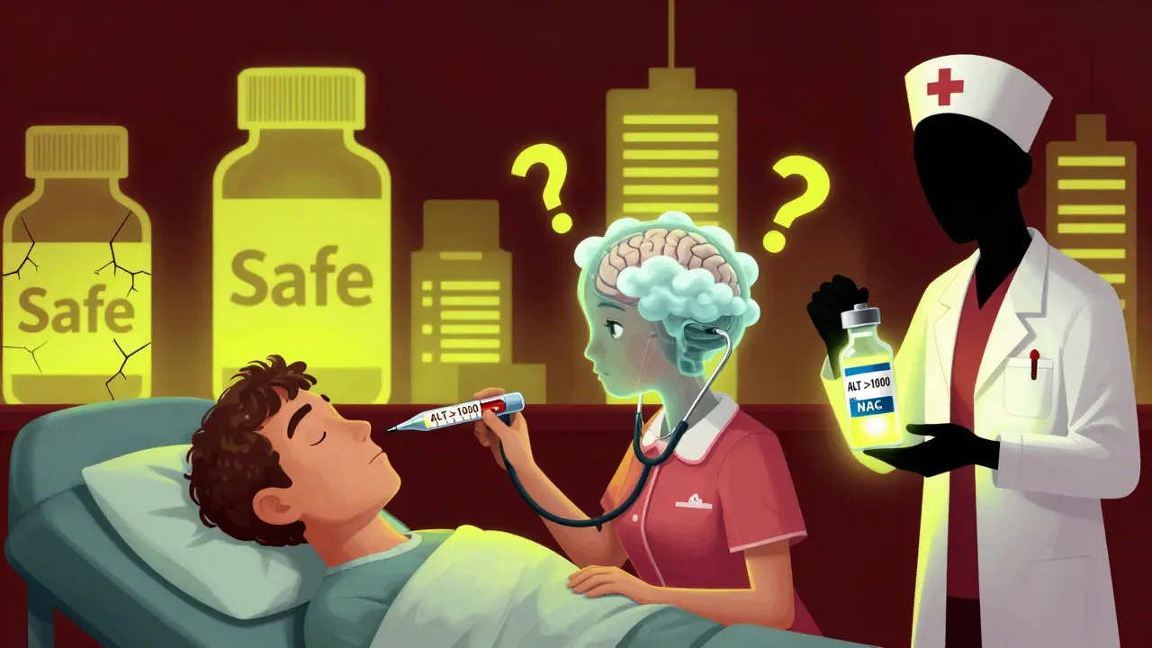 An emergency room scene with a stethoscope turning into a thermometer, a brain filled with ammonia clouds, and giant pill bottles looming.