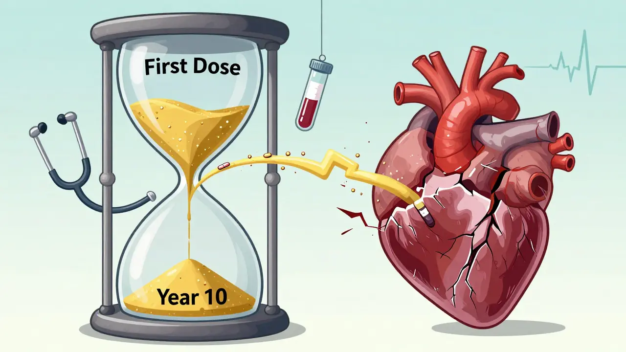 An hourglass made of pills draining into a cracked heart, with broken medical symbols floating nearby.