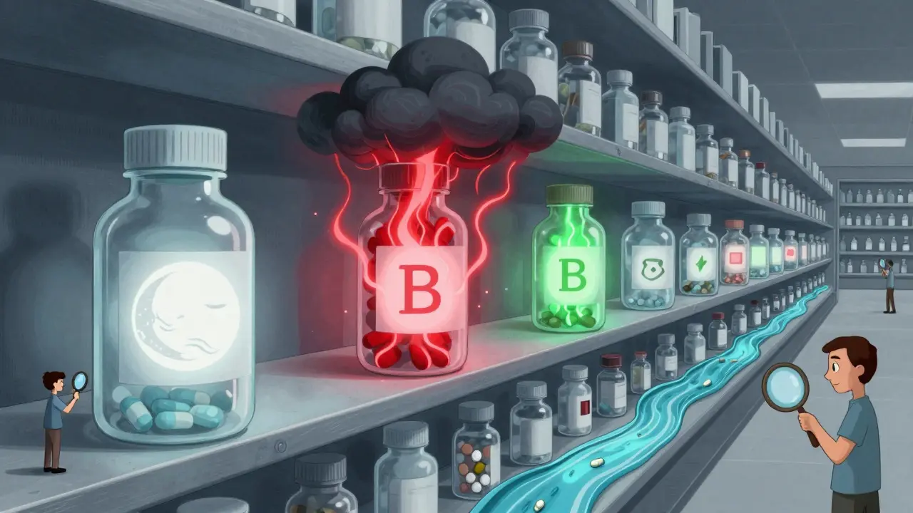 An infinite pharmacy shelf with abstract pill bottles emitting different energies, representing pain relief options.